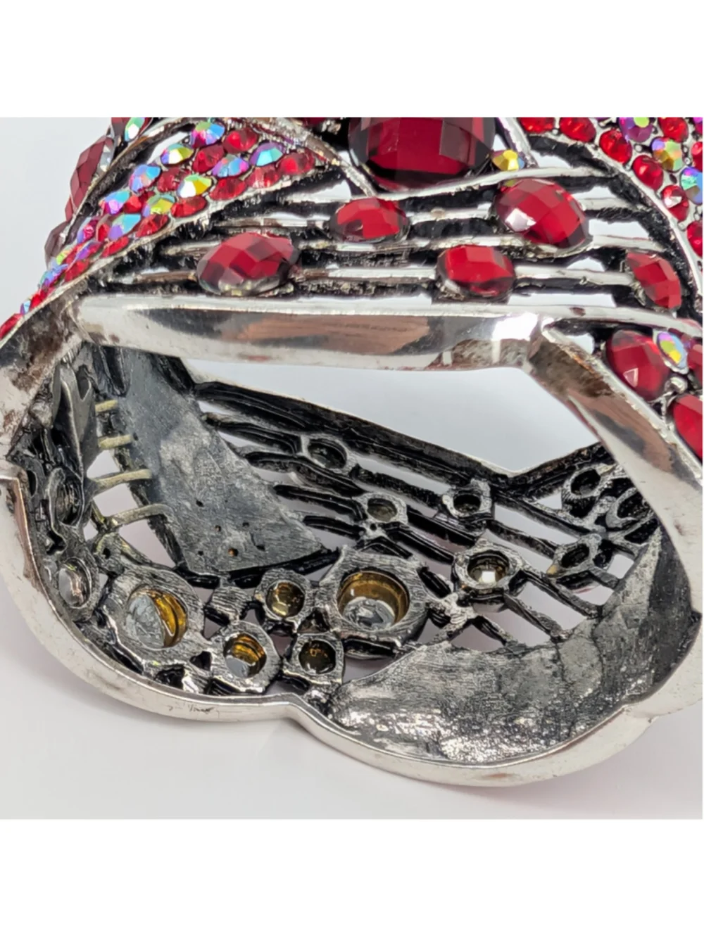 Red Rhinestone Wide Cuff Bracelet Silver Tone AB Crystal Y2K Glam Statement